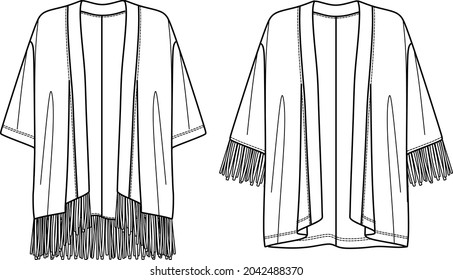 Vector long sleeved jacket with tassel trim fashion CAD, summer woman kimono with fringe technical drawing, template, flat, sketch. Jersey or woven fabric kimono with front, back view, white color