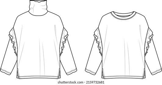 Vector long sleeved oversized top fashion CAD, woman boxy shape round neck with frill details sweatshirt technical drawing, template, mock up, flat. Fleece sweatshirt with front, back view, white colo