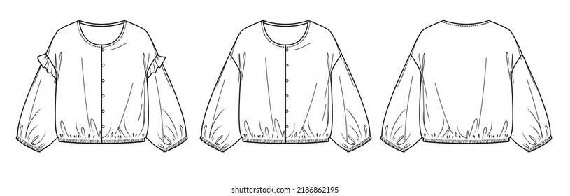 Vector long sleeved oversized top fashion CAD, woman boxy shape round neck with frill details shirt technical drawing, template, mock up, flat. Woven fabric blouse with front, back view, white color