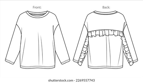 Vector long sleeved oversized top fashion CAD, woman boxy shape round neck with frill details sweatshirt technical drawing, template, mock up, flat.Jersey sweatshirt with front, back view, white color