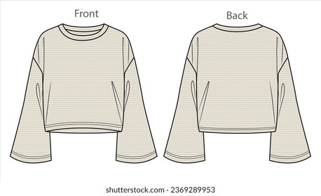 Vector long sleeved oversized top fashion CAD, woman boxy shape round neck with bell sleeves sweatshirt technical drawing, template, mock up, flat. Mesh sweater with front, back view, white color