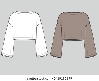 Vector long sleeved oversized top fashion CAD, woman boxy shape round neck with bell sleeves sweatshirt technical drawing, template, mock up, flat. sweatshirt drawing.