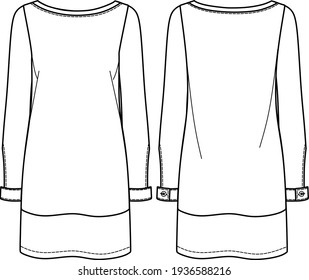 Vector long sleeved shift dress fashion CAD, boat neck woman dress with buttons technical drawing, template, flat. Jersey or woven fabric dress with front, back view, white color