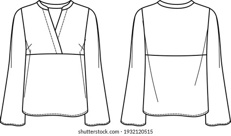 Moda de la camisa de manga larga del vector CAD, dibujo técnico de la blusa de la mujer contra el cuello, plantilla, plano, esbozo