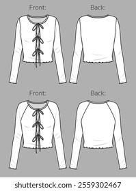 Vector long sleeved slim fit top fashion CAD, woman crop round neck blouse technical drawing, template, mock up, sketch. 2 pieces knit cardigan with ties technical flat front, back view, white color