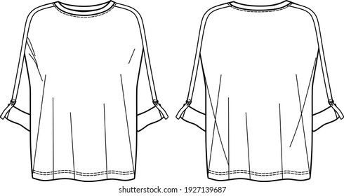 Vector long sleeved t shirt fashion CAD, trendy woman round neck top technical drawing, fashionable blouse template, flat, sketch