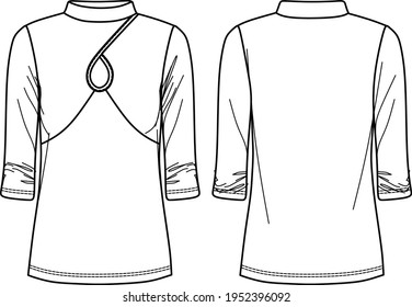 Vector long sleeved t shirt fashion CAD, woman turtle neck top with cut-out detail technical drawing, template, flat, sketch. Jersey fabric t shirt with front, back view, white color
