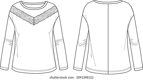 Vector long sleeved t shirt fashion CAD, woman top with lace trim detail technical drawing, template, sketch, flat. Jersey or woven fabric blouse with front, back view, white color