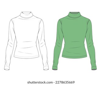 Camiseta vectora de manga larga moda CAD, mujer de invierno de cuello de tortuga envuelve el dibujo técnico superior, plantilla, sketch, plano, burla. Tapa de cultivo moderna de Jersey con vista frontal, trasera, color blanco