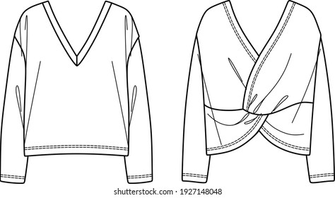 Vector Long Sleeved Top Fashion CAD, Woman V Neck Sweater With Back Knot Detail Technical Drawing, Template, Flat, Sketch. Jersey  Fabric Top With Front, Back View, White Color