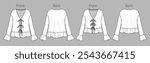 Vector long sleeved top with gathering details fashion CAD, peplum woman V neck blouse technical drawing, template, mock up, sketch. Knit cardigan with tie technical flat front, back view, white color