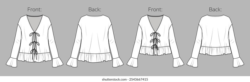 Vector long sleeved top with gathering details fashion CAD, peplum woman V neck blouse technical drawing, template, mock up, sketch. Knit cardigan with tie technical flat front, back view, white color