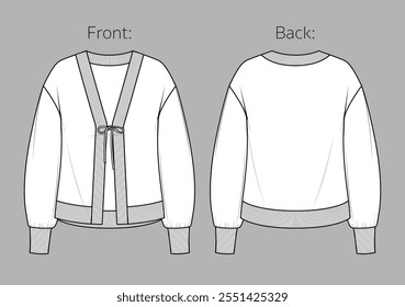 Vektor langärmelige Trikot Jacke Mode CAD, Frau Cardigan mit Bogen und Rippe Manschetten technische Zeichnung, Vorlage, Skizze, flach. Strickjacke mit Krawattenverschluss, Vorderseite, Rückansicht, weiß