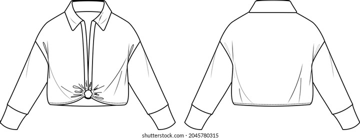 Vector long sleeved T-Shirt with buttons fashion CAD, woman crop shirt with collar technical drawing, sketch, template, flat, mock-up. Jersey or woven fabric top with front, back view, white color