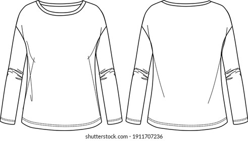 Vector long sleeved T-Shirt fashion CAD, woman round neck t-shirt technical drawing, basic top template, sketch, mock up.  Jersey or woven fabric top with front, back view, white color