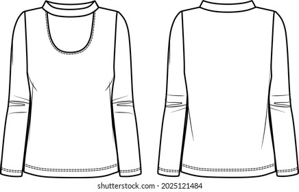 Vector long sleeved T-Shirt fashion CAD, woman turtle neck top with cut-out detail technical drawing, template, flat, sketch. Jersey or woven fabric blouse with front, back view, white color