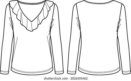 Vector long sleeved T-Shirt fashion CAD, woman V-neck winter top with volant detail technical drawing, template, sketch, flat. Jersey or woven fabric blouse with front, back view, white color