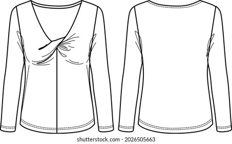 Vector long sleeved T-Shirt fashion CAD, woman V-neck winter top with knot detail technical drawing, template, sketch, flat. Jersey or woven fabric blouse with front, back view, white color