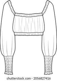 Vector long sleeved T-Shirt fashion CAD, woman fashionable square neck top technical drawing, trendy blouse with gathered detail sketch, template. Jersey or woven fabric top with front,back view,white