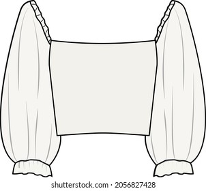 Vector long sleeved T-Shirt fashion CAD, woman fashionable square neck top technical drawing, trendy blouse with gathered detail sketch, template. Jersey or woven fabric top with front,back view,white