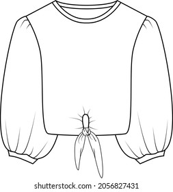 Vector long sleeved T-Shirt fashion CAD, woman fashionable square neck top technical drawing, trendy blouse with gathered detail sketch, template. Jersey or woven fabric top with front,back view,white
