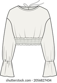 Vector long sleeved T-Shirt fashion CAD, woman fashionable square neck top technical drawing, trendy blouse with gathered detail sketch, template. Jersey or woven fabric top with front,back view,white