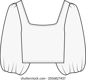 Vector long sleeved T-Shirt fashion CAD, woman fashionable square neck top technical drawing, trendy blouse with gathered detail sketch, template. Jersey or woven fabric top with front,back view,white