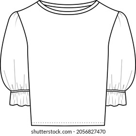 Vector long sleeved T-Shirt fashion CAD, woman fashionable square neck top technical drawing, trendy blouse with gathered detail sketch, template. Jersey or woven fabric top with front,back view,white