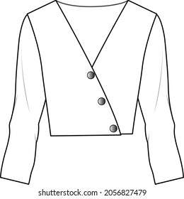 Vector long sleeved T-Shirt fashion CAD, woman fashionable square neck top technical drawing, trendy blouse with gathered detail sketch, template. Jersey or woven fabric top with front,back view,white