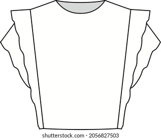 Vector long sleeved T-Shirt fashion CAD, woman fashionable square neck top technical drawing, trendy blouse with gathered detail sketch, template. Jersey or woven fabric top with front,back view,white