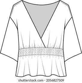 Vector long sleeved T-Shirt fashion CAD, woman fashionable square neck top technical drawing, trendy blouse with gathered detail sketch, template. Jersey or woven fabric top with front,back view,white