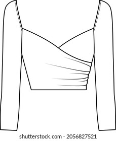 Vector long sleeved T-Shirt fashion CAD, woman fashionable square neck top technical drawing, trendy blouse with gathered detail sketch, template. Jersey or woven fabric top with front,back view,white