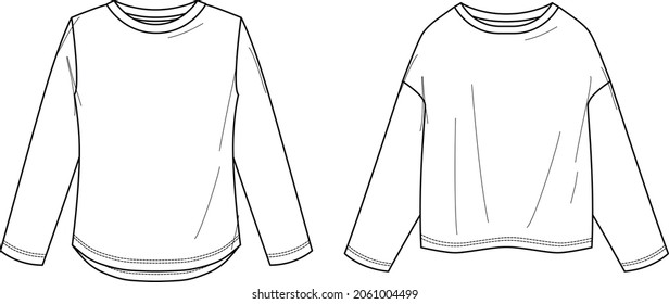 Camiseta vectora de manga larga CAD, dibujo técnico de camisetas de cuello redondo para mujer, plantilla básica superior, dibujo, burla.  Tejidos de Jersey o tejidos con vista frontal, trasera, color blanco