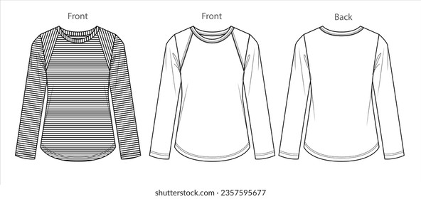 Vector long sleeved T-Shirt fashion CAD, woman round neck t-shirt technical drawing, striped basic top template, sketch, mock up.  Jersey or woven fabric top with front, back view, white color