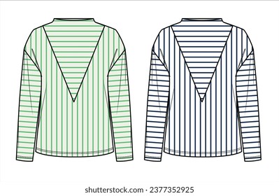 Vector long sleeved T-Shirt fashion CAD, woman turtle neck t-shirt technical drawing, striped basic top template, sketch, mock up.  Jersey or woven fabric 2 pieces top, white navy green color