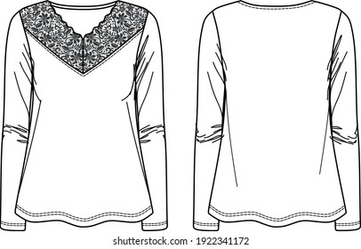 Vector long sleeved women t shirt technical drawing, v neck top with lace detail fashion CAD, template, sketch, mock up. Jersey blouse with front, back view, white color