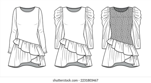 Vector long volume sleeve mini dress technical drawing, woman tired dress with frill, smock detail fashion CAD, sketch, template, flat. Jersey or woven fabric dress with front, back view, white color