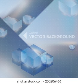 Vector looks like double exposure. Abstract futuristic background with flying cubes and blurred background.