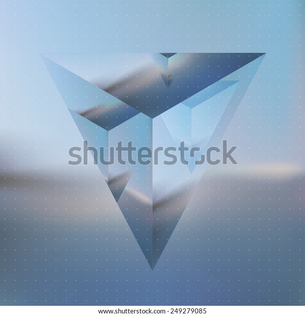 Vector looks like double exposure. Abstract\
isometric prism with the reflection of the environment on blurred\
background. Minimalistic blurry backdrop. Futuristic object\
levitating in the air.