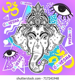 Vector Lord Ganesha over colorful vintage background. Beautifully detailed retro artwork. 80s and 90s style. Psychedelic creative illustration. Buddhism, alchemy, yoga, tattoo, print, poster.