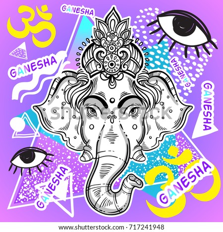 Vector Lord Ganesha over colorful vintage background. Beautifully detailed retro artwork. 80s and 90s style. Psychedelic creative illustration. Buddhism, alchemy, yoga, tattoo, print, poster.