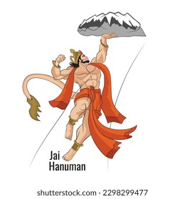 Vector lord Hanuman illustration, Vector drawing of Flying God, Lord Hanuman carrying a mountain on hand illustration