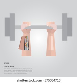 Vector of lorem ipsum text and hand holding barbell on white background