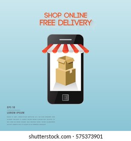Vector of lorem ipsum text and online shopping symbol on smartphone screen on blue background