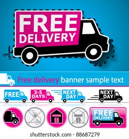 Vector lorry/van and delivery icons set with cut out coupon illustration, promotional banner and glossy button.