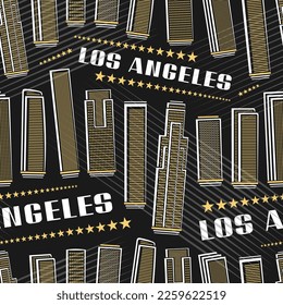 Vector Los Angeles Seamless Pattern, square repeat background with illustration of famous city scape on dark background for wrapping paper, decorative line art urban poster with white text los angeles