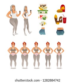 Vector losing weight concept. Stages from obese overweight to slim fit athlete female character, sexy butt and fat ones, junk food and fresh vegetables. Before and after dieting and doing sport