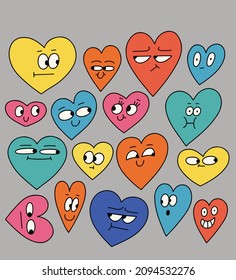 a vector of a lot, group pf hearts making different faces in different colors.