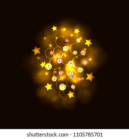 Vector Lottery Balls Glowing Explosion Cloud, Colorful Illustration, Win Prizes Concept, Gamble Game Background.