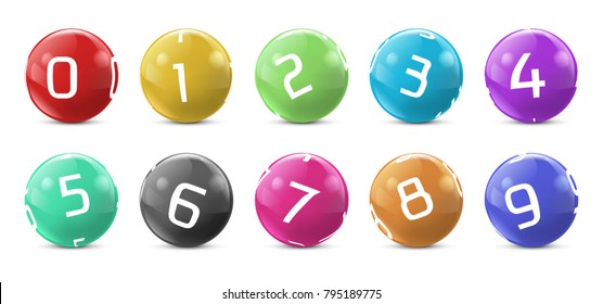 Vector lotto colored balls with numbers. Lottery bingo gambling spheres. Snooker, billiard sport game realistic isolated illustration with reflections on white background.